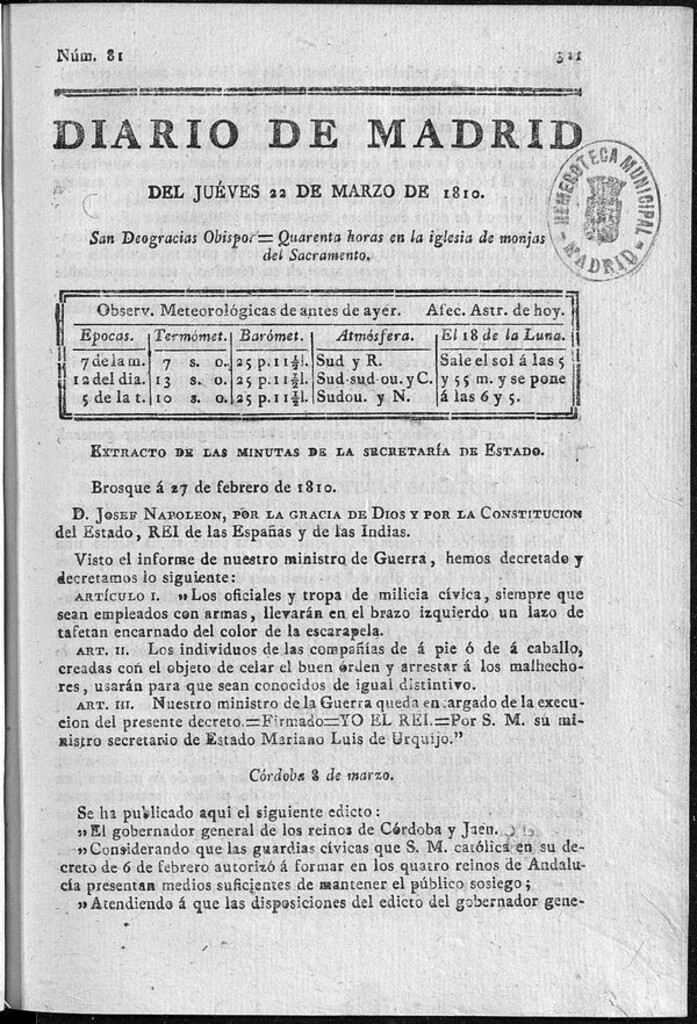Miniatura de Diario de Madrid del jueves 22 de Marzo de 1810