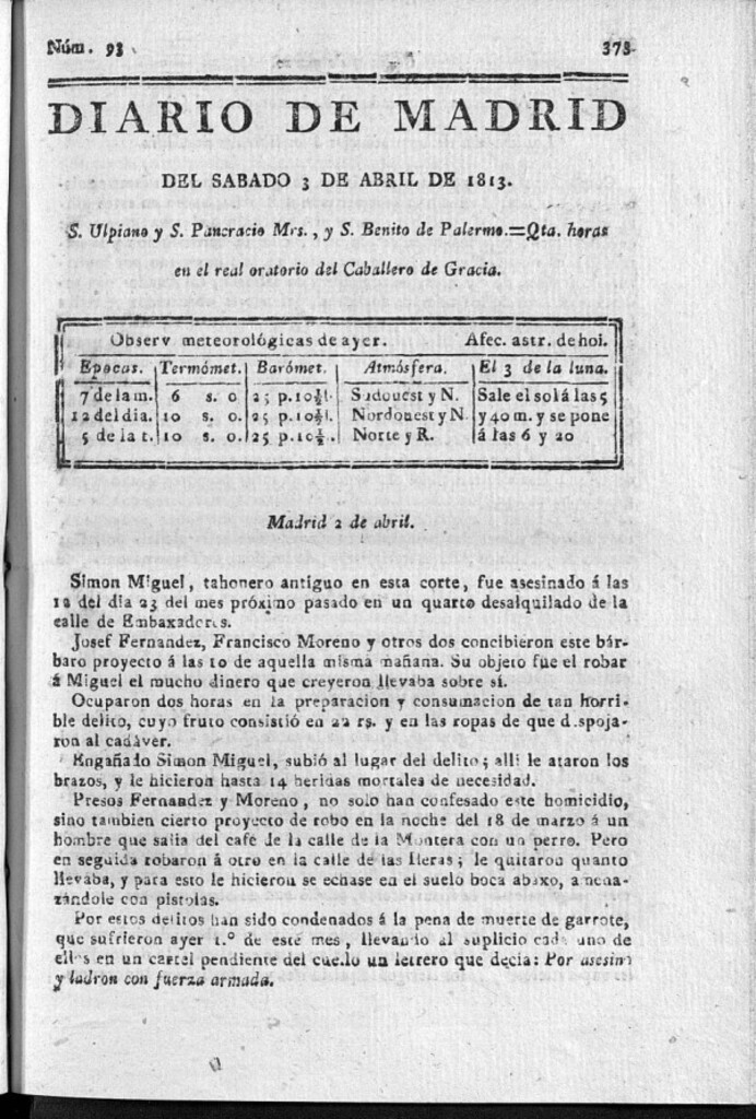 Miniatura de Diario de Madrid Sábado 3 de Abril de 1813