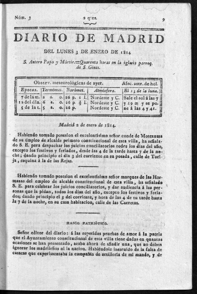 Miniatura de Diario de Madrid del lunes 3 de Enero de 1814