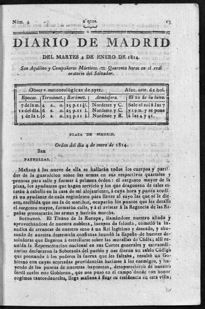Miniatura de Diario de Madrid del martes 4 de Enero de 1814