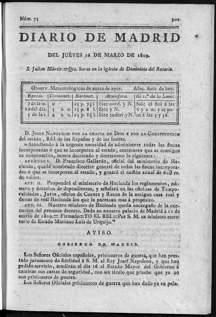 Miniatura de Diario de Madrid del jueves 16 de Marzo de 1809