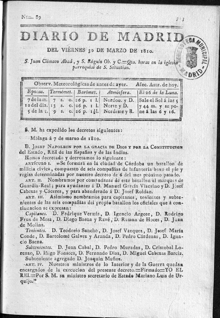 Miniatura de Diario de Madrid del viernes 30 de Marzo de 1810