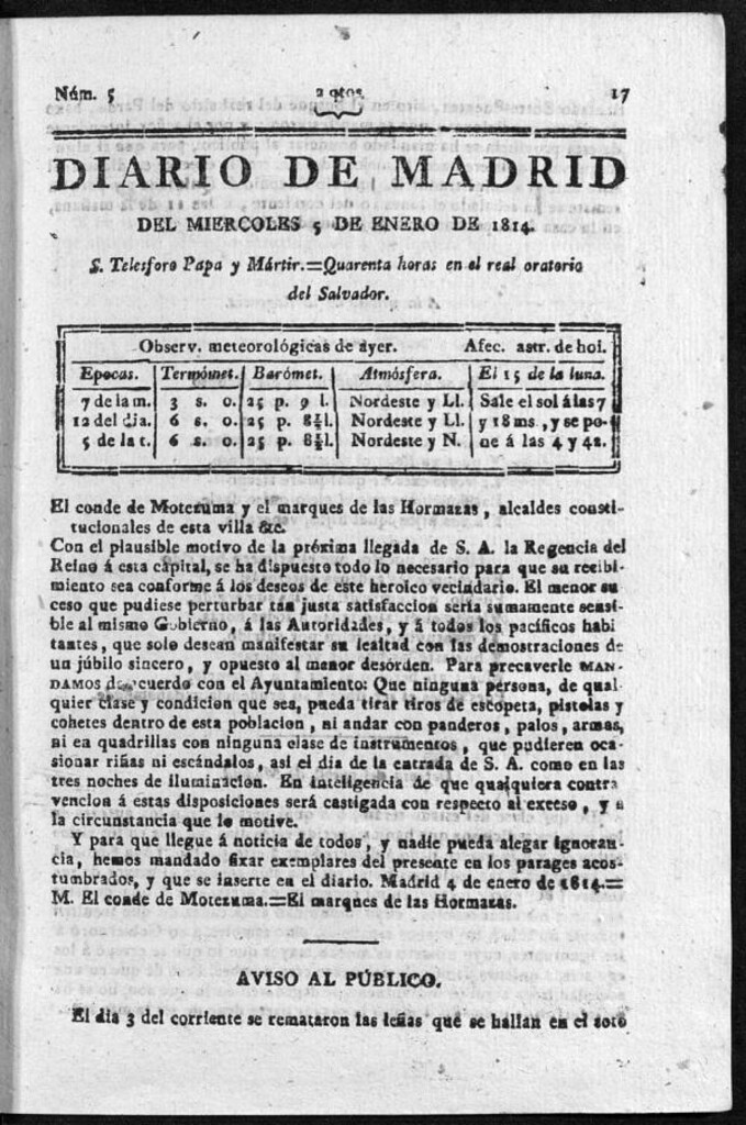 Miniatura de Diario de Madrid del miércoles 5 de Enero de 1814