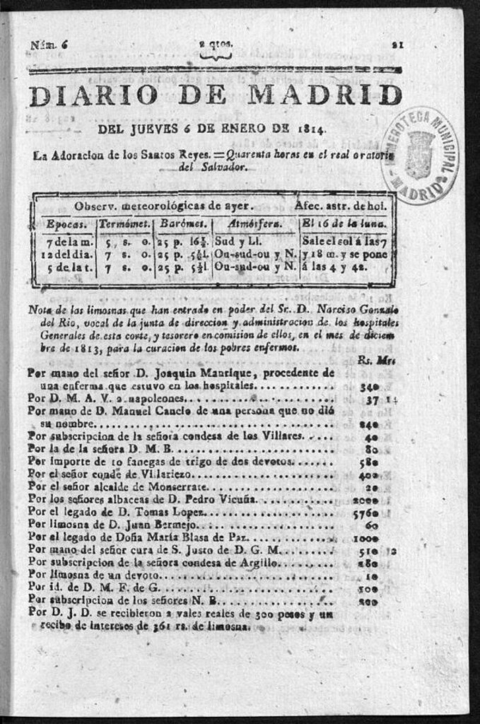 Miniatura de Diario de Madrid del jueves 6 de Enero de 1814