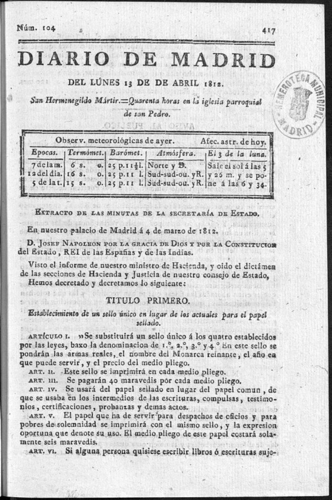 Miniatura de Diario de Madrid del lunes 13 de Abril de 1812