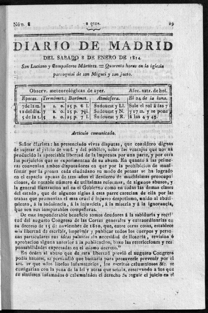 Miniatura de Diario de Madrid del sábado 8 de Enero de 1814