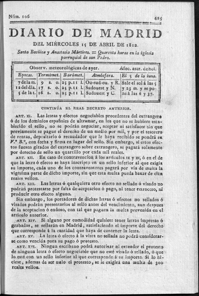Miniatura de Diario de Madrid del miércoles 15 de Abril de 1812
