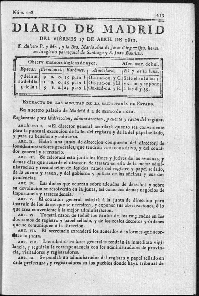 Miniatura de Diario de Madrid del viernes 17 de Abril de 1812