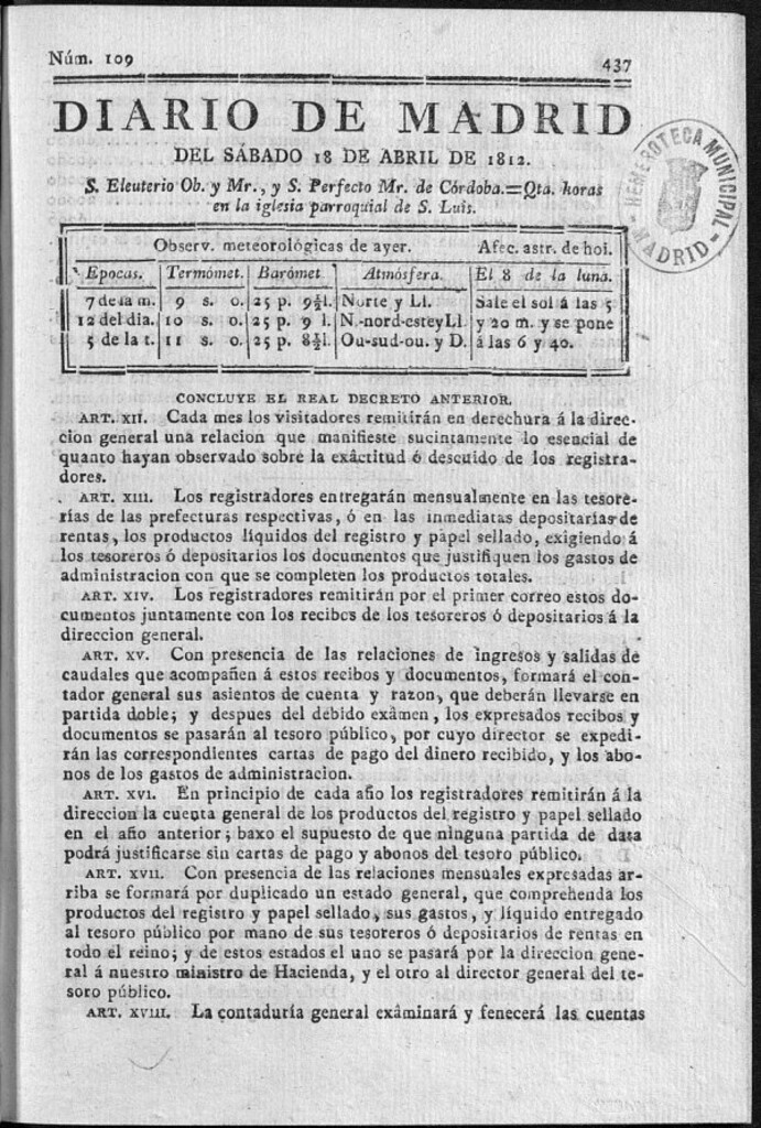 Miniatura de Diario de Madrid del sábado 18 de Abril de 1812