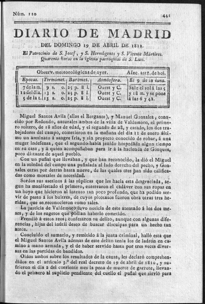 Miniatura de Diario de Madrid del domingo 19 de Abril de 1812