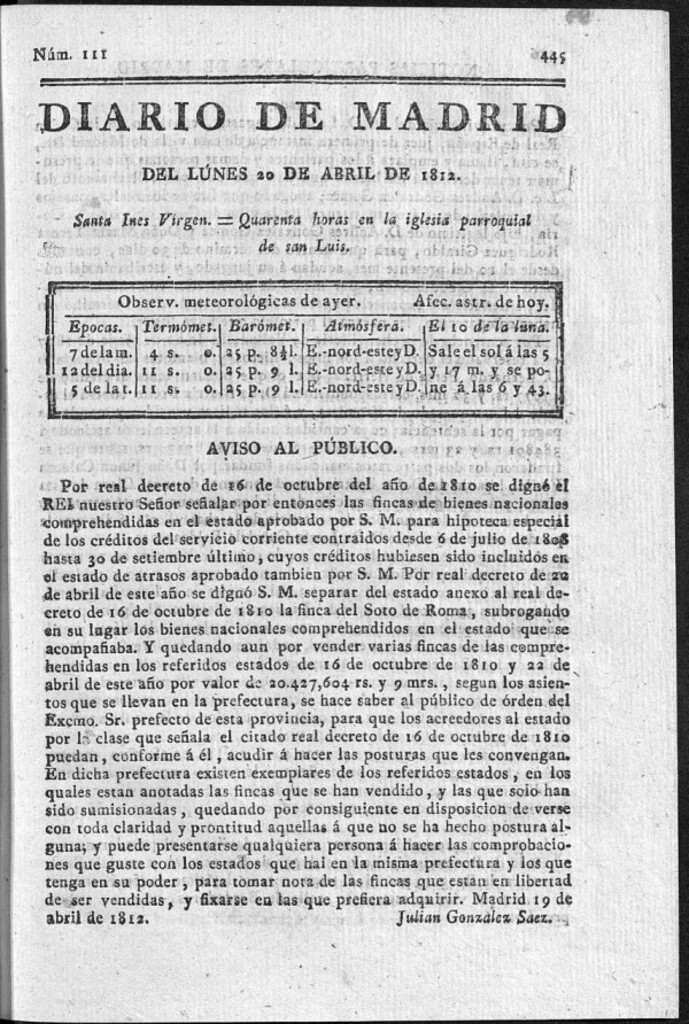Miniatura de Diario de Madrid del lunes 20 de Abril de 1812