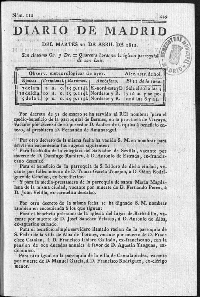 Miniatura de Diario de Madrid del martes 21 de Abril de 1812