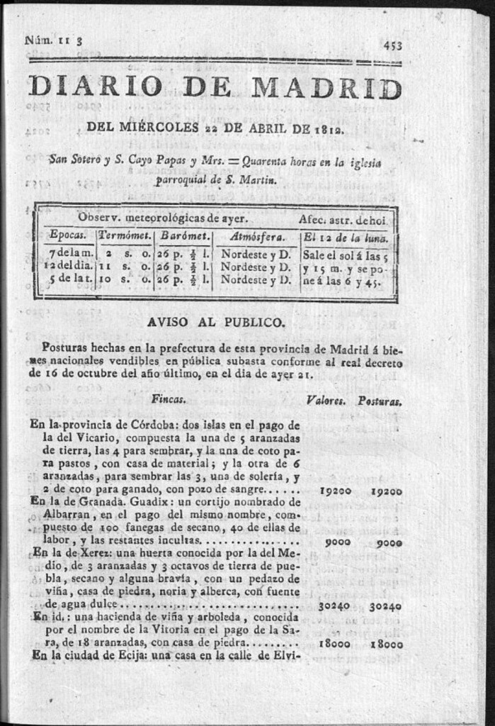Miniatura de Diario de Madrid del miércoles 22 de Abril de 1812