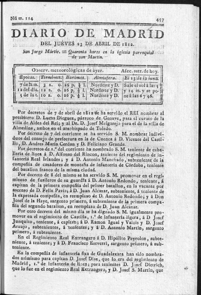 Miniatura de Diario de Madrid del jueves 23 de Abril de 1812
