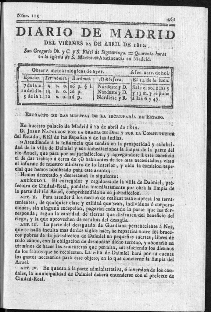 Miniatura de Diario de Madrid del viernes 24 de Abril de 1812