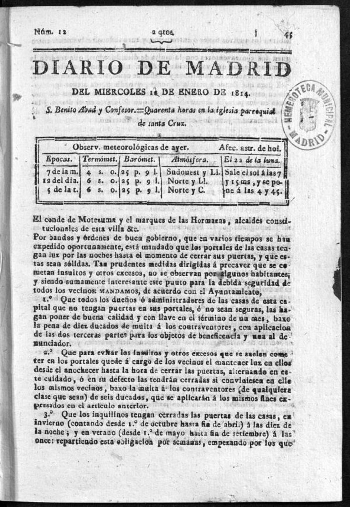 Miniatura de Diario de Madrid del miércoles 12 de Enero de 1814