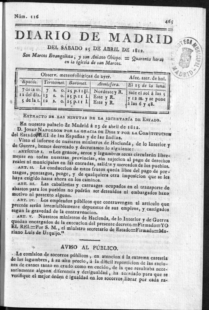 Miniatura de Diario de Madrid del sábado 25 de Abril de 1812