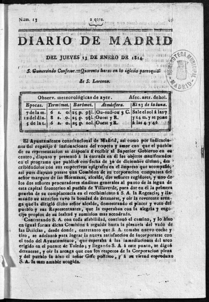 Miniatura de Diario de Madrid del jueves 13 de Enero de 1814