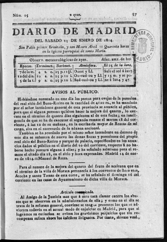 Miniatura de Diario de Madrid del sábado 15 de Enero de 1814
