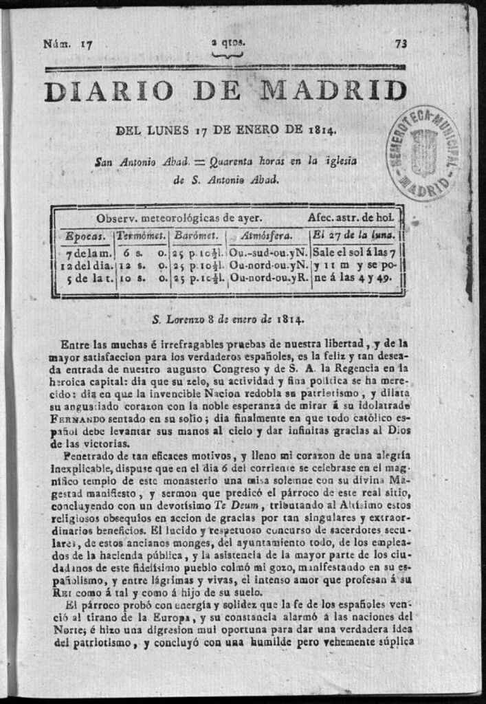 Miniatura de Diario de Madrid del lunes 17 de Enero de 1814
