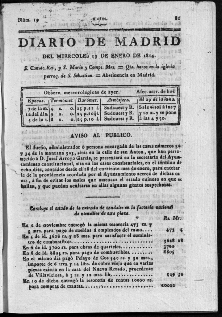Miniatura de Diario de Madrid del miércoles 19 de Enero de 1814