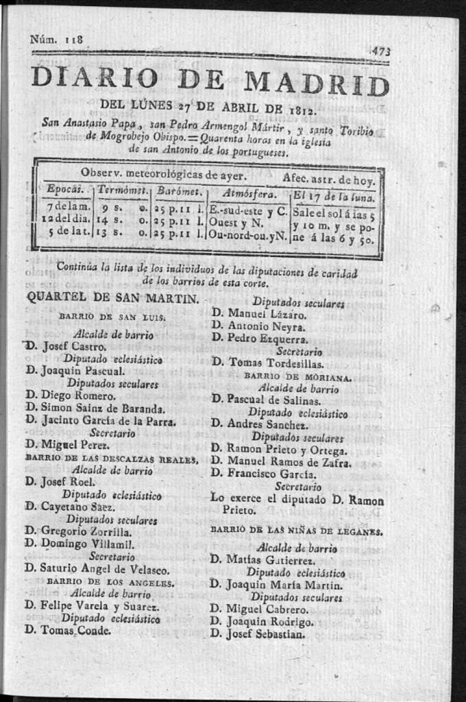 Miniatura de Diario de Madrid del lunes 27 de Abril de 1812