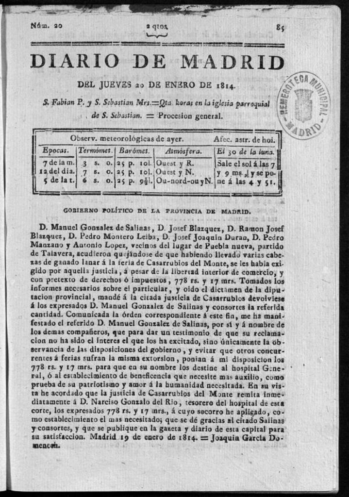 Miniatura de Diario de Madrid del jueves 20 de Enero de 1814
