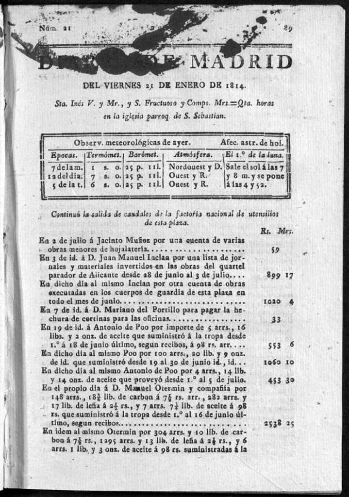 Miniatura de Diario de Madrid del viernes 21 de Enero de 1814
