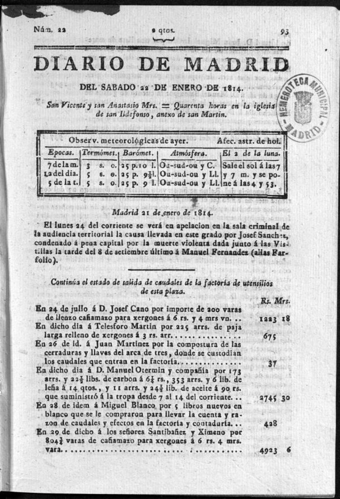 Miniatura de Diario de Madrid del sábado 22 de Enero de 1814