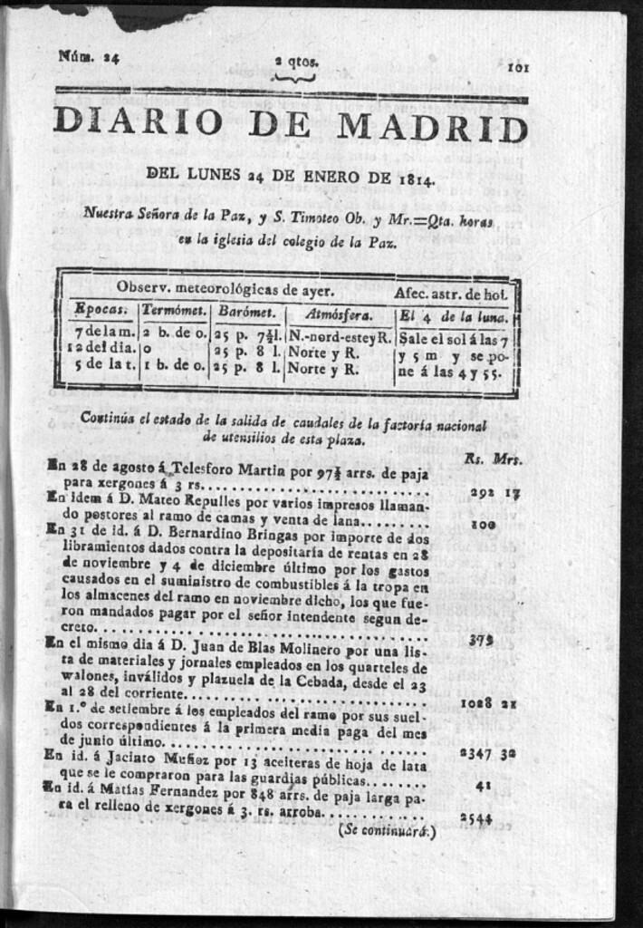 Miniatura de Diario de Madrid del lunes 24 de Enero de 1814