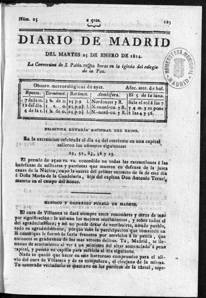 Miniatura de Diario de Madrid del martes 25 de Enero de 1814