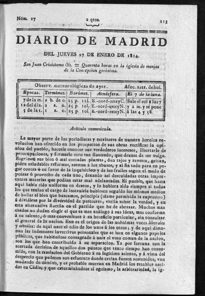 Miniatura de Diario de Madrid del jueves 27 de Enero de 1814