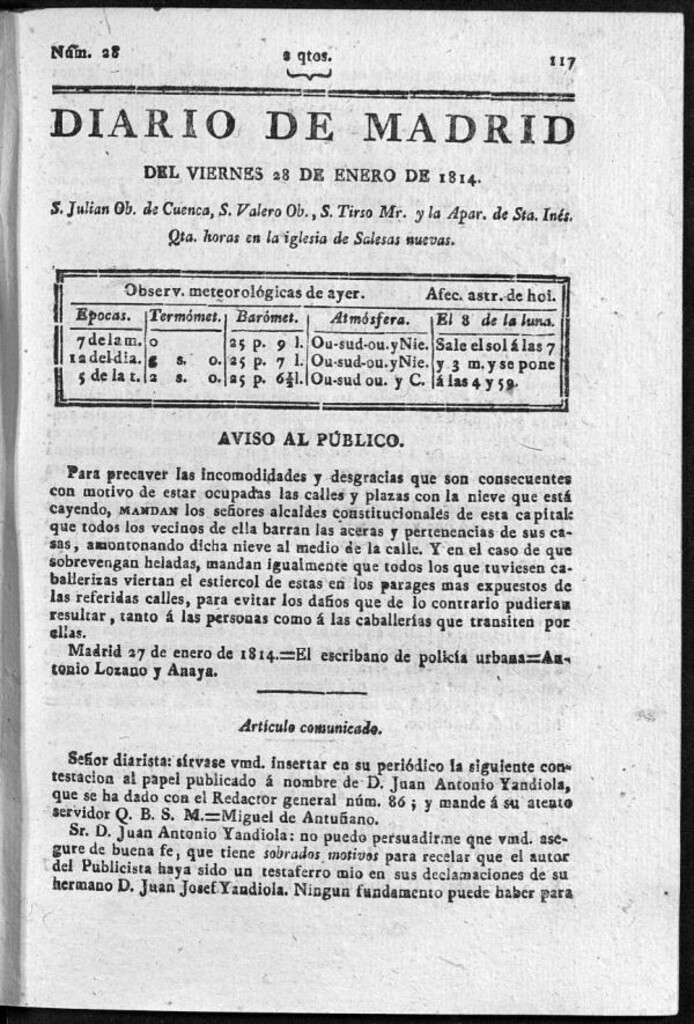 Miniatura de Diario de Madrid del viernes 28 de Enero de 1814
