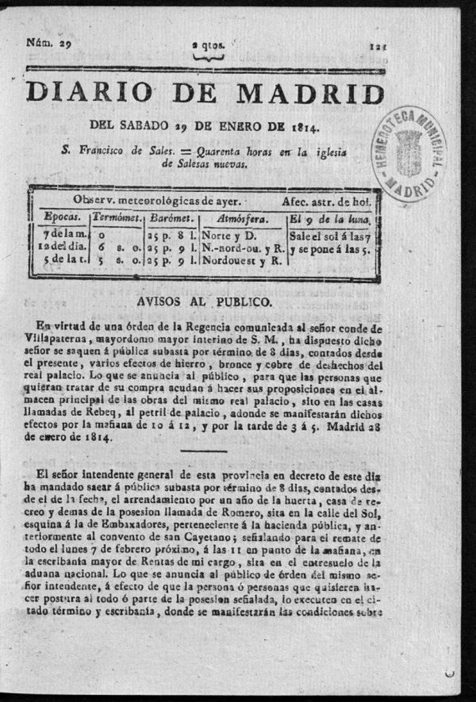 Miniatura de Diario de Madrid del sábado 29 de Enero de 1814