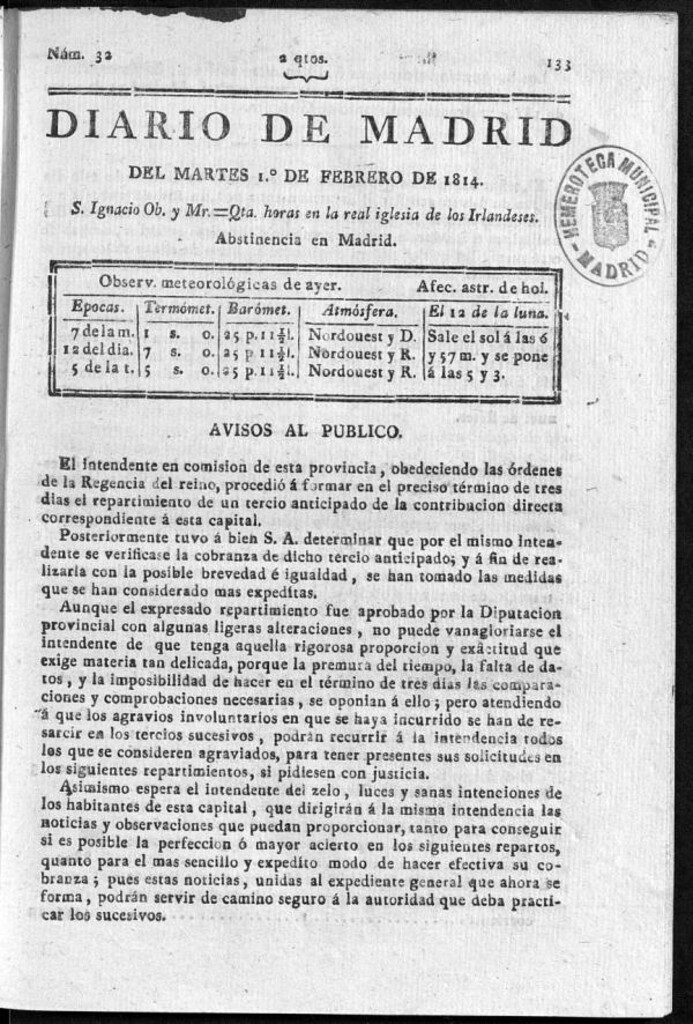 Miniatura de Diario de Madrid del martes 1 de Febrero de 1814