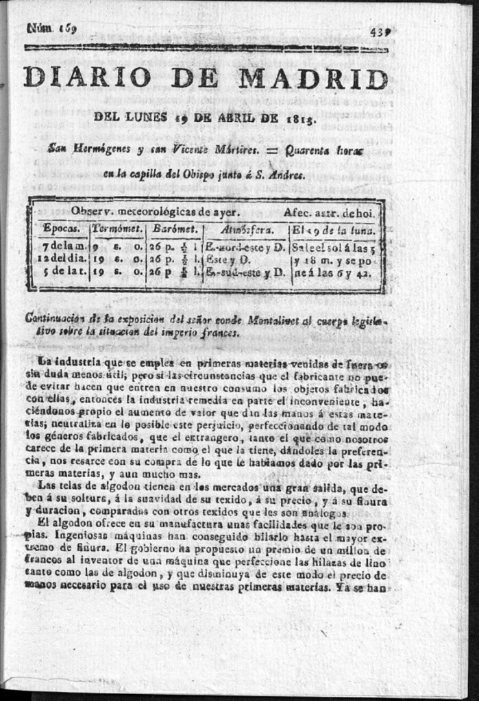 Miniatura de Diario de Madrid Lunes 19 de Abril de 1813