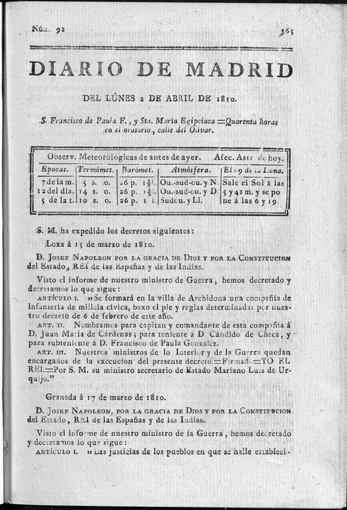 Miniatura de Diario de Madrid del lunes 2 de Abril de 1810