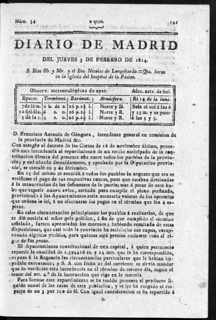 Miniatura de Diario de Madrid del jueves 3 de Febrero de 1814