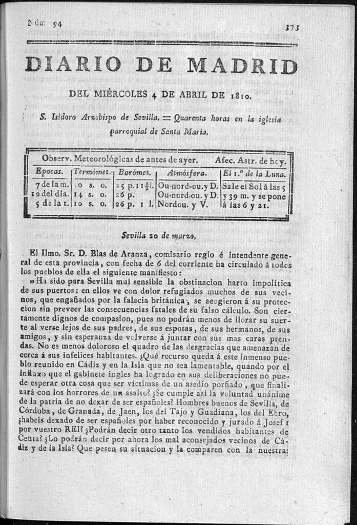 Miniatura de Diario de Madrid del miércoles 4 de Abril de 1810