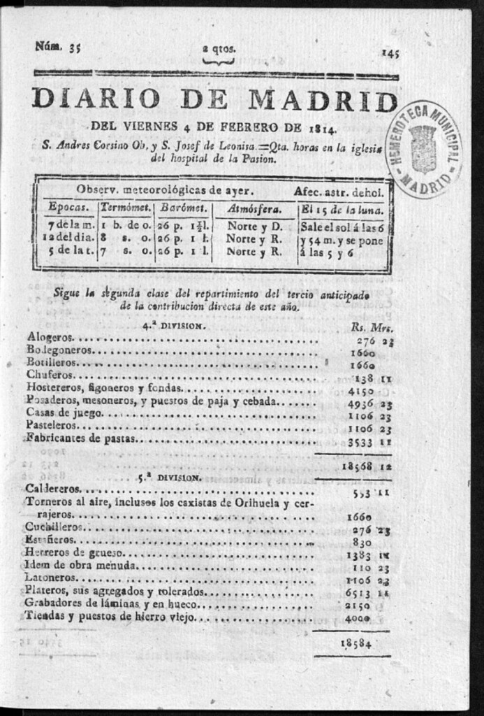 Miniatura de Diario de Madrid del viernes 4 de Febrero de 1814