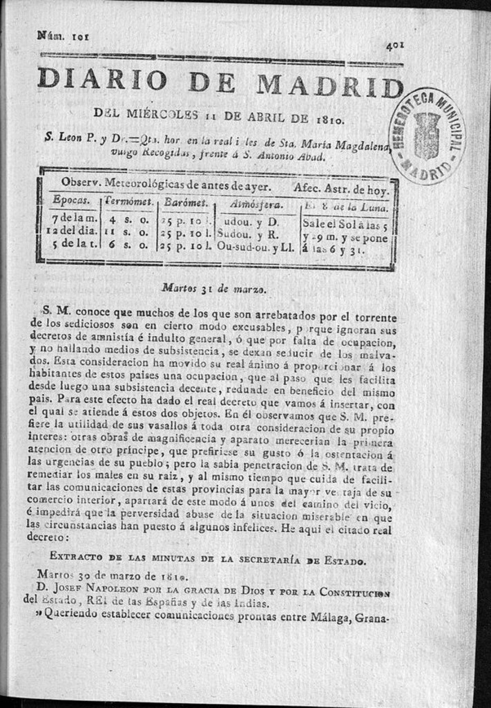 Miniatura de Diario de Madrid del miércoles 11 de Abril de 1810