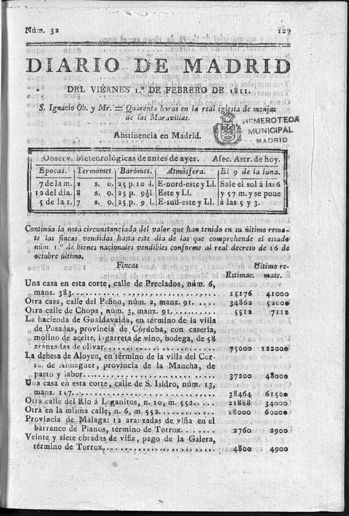 Miniatura de Diario de Madrid del viernes 1 de Febrero de 1811
