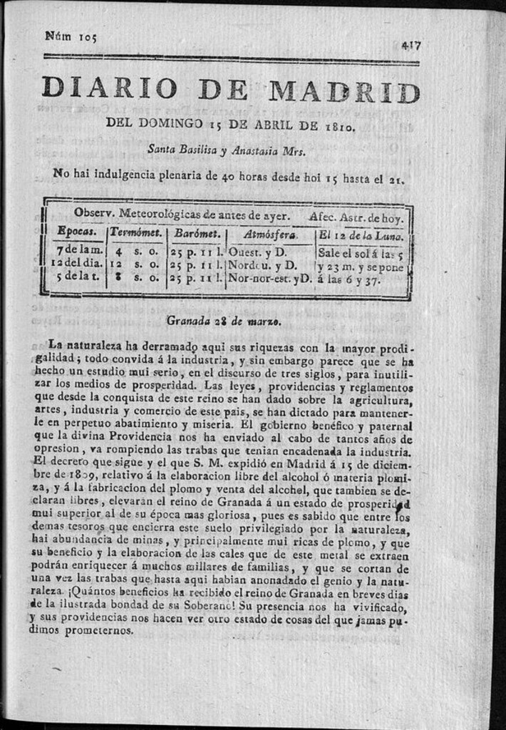 Miniatura de Diario de Madrid del domingo 15 de Abril de 1810