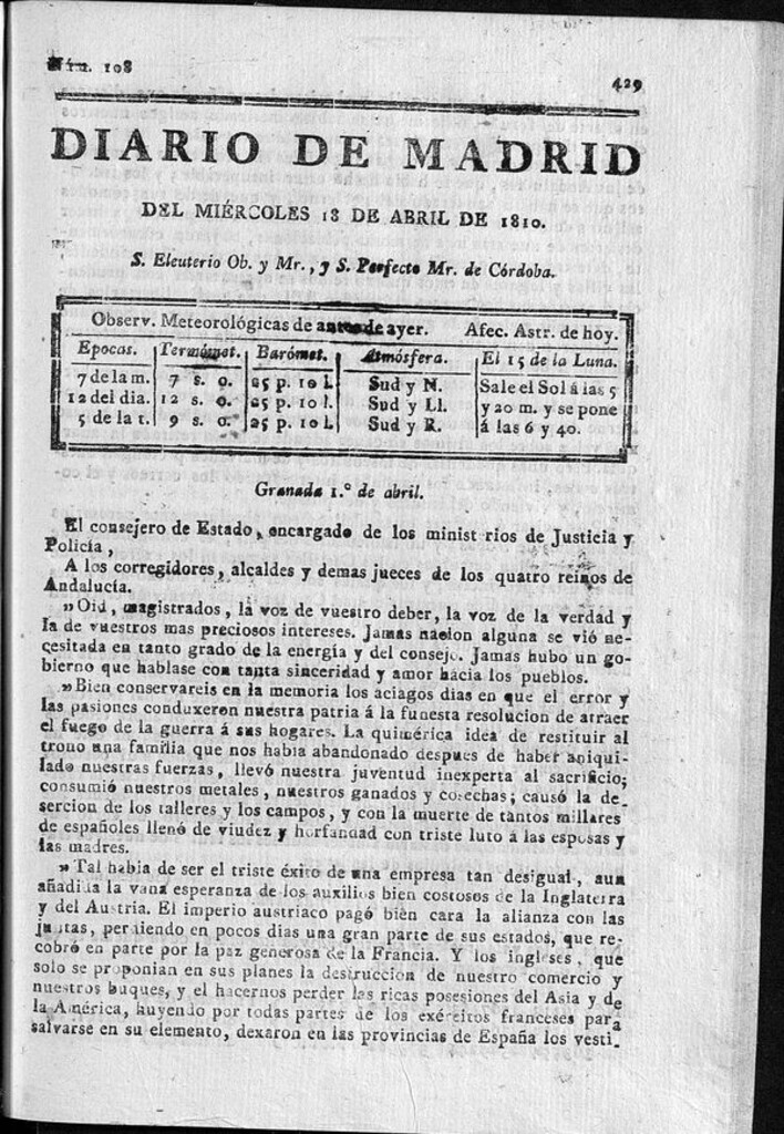 Miniatura de Diario de Madrid del miércoles 18 de Abril de 1810