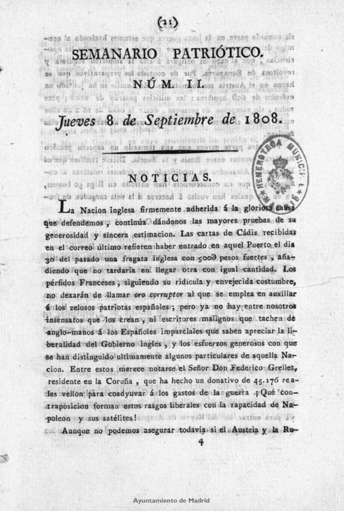 Miniatura de Semanario Patriótico. Num II. Jueves 8 de Septiembre de 1808
