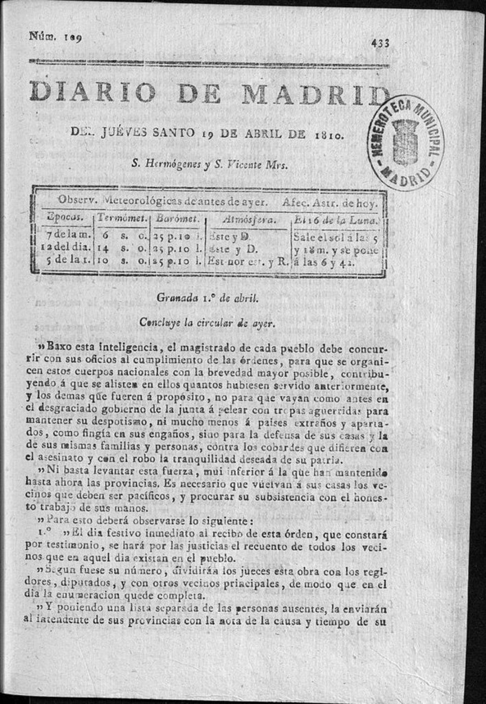 Miniatura de Diario de Madrid del jueves 19 de Abril de 1810