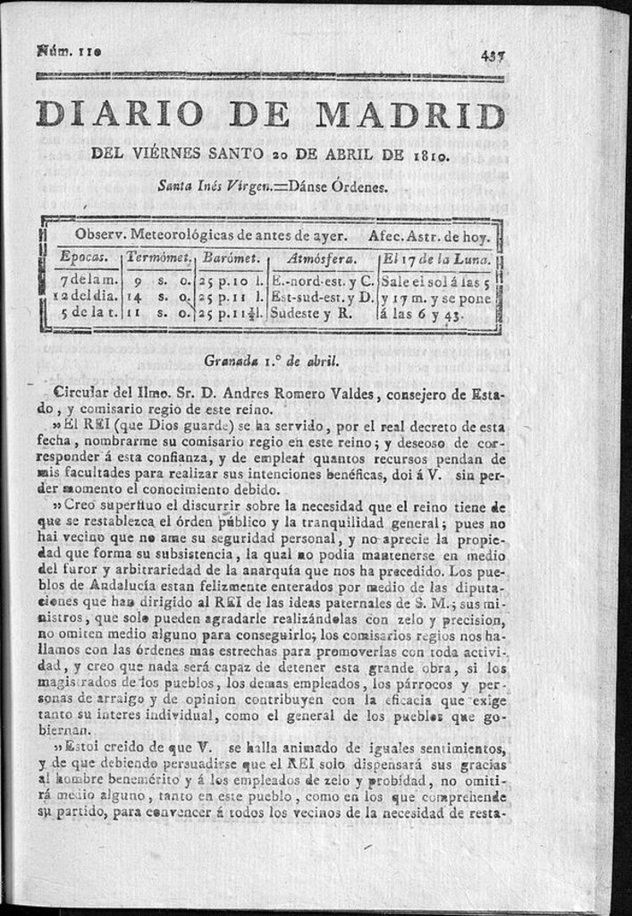 Miniatura de Diario de Madrid del viernes 20 de Abril de 1810