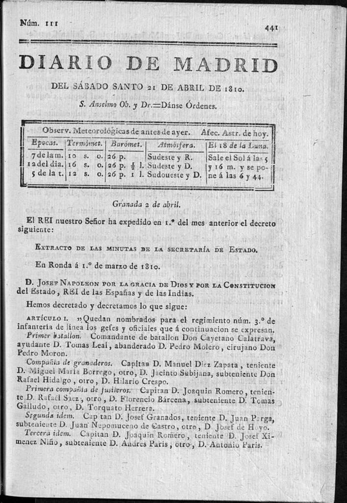 Miniatura de Diario de Madrid del sábado 21 de Abril de 1810