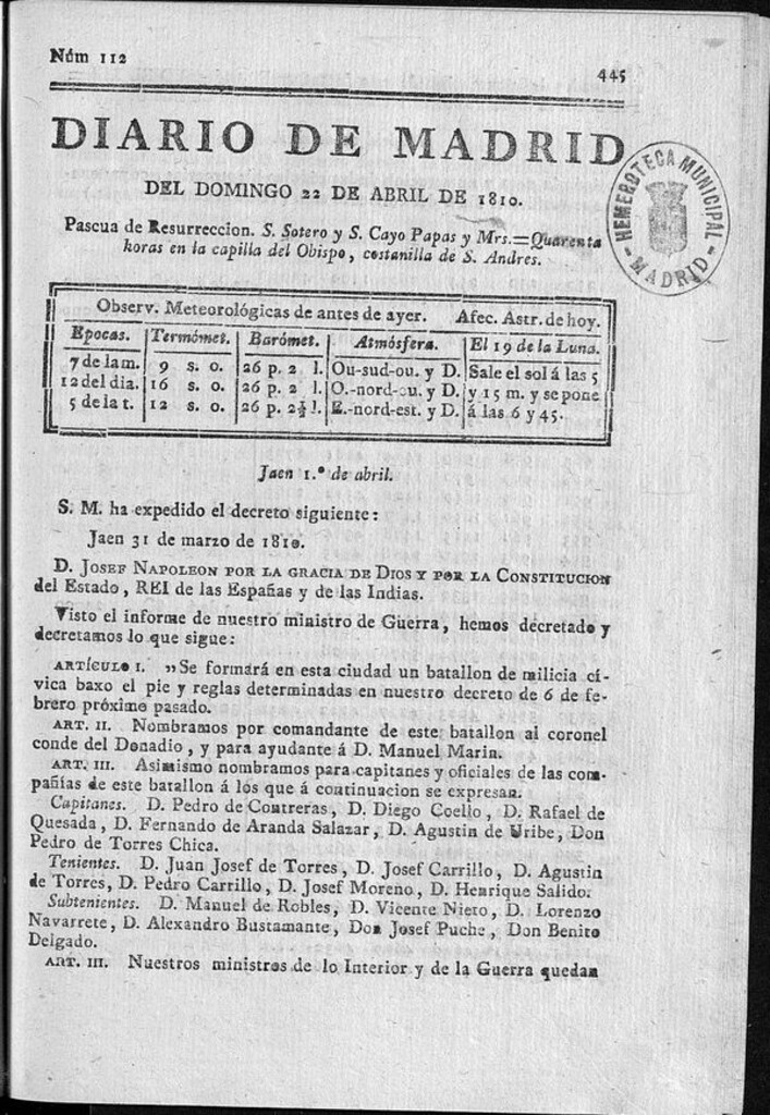 Miniatura de Diario de Madrid del domingo 22 de Abril de 1810