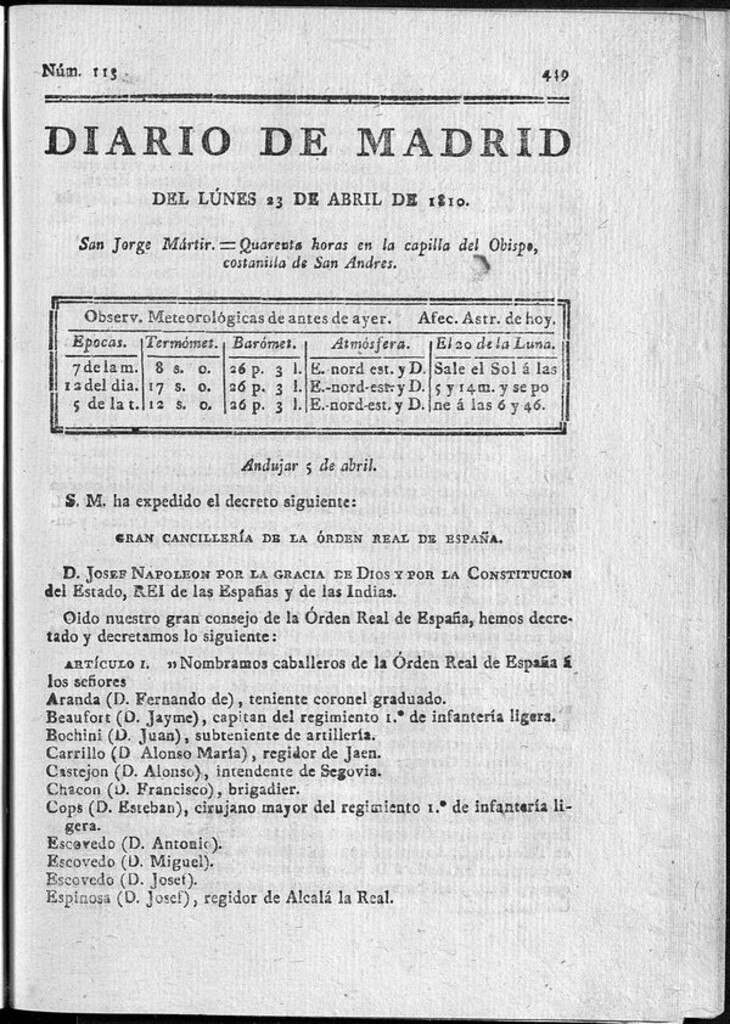 Miniatura de Diario de Madrid del lunes 23 de Abril de 1810
